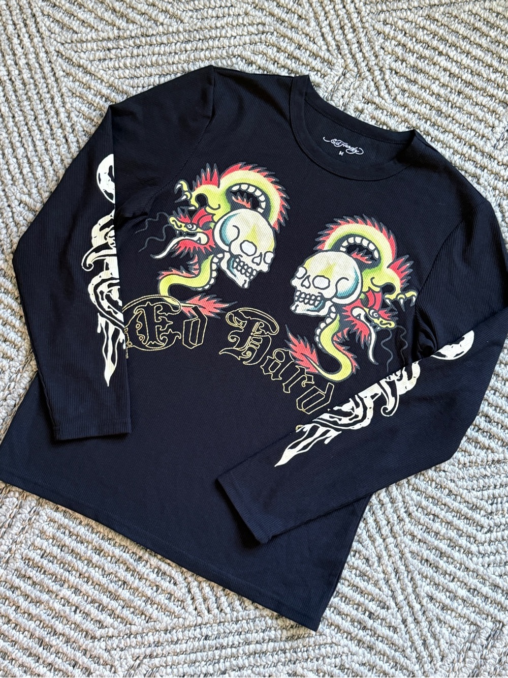 Ed Hardy Black Long Sleeve Tee with Neon Skull & Dragon Motif